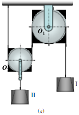 在图13－16所示滑轮组中悬挂两个重物，其中重物Ⅰ的质量为m1，重物Ⅱ的质量为m2。定滑轮O1的半径