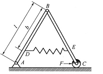 如图15－12所示，两等长杆AB与BC在点B用铰链连接，又在杆的D、E两点连一弹簧。弹簧的刚度系数为