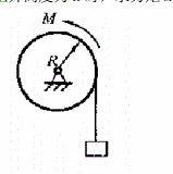在图中，半径为R、质量为m1的均质滑轮上，作用一常力矩M，吊升一质量为m2的重物，则重物上升高度h过