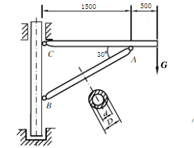 一简易吊车的摇臂如图所示（长度单位为mm)，最大载重量G=20kN。已知AB杆的外径D=50mm，内
