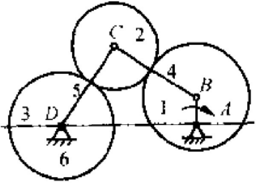 在图所示的齿轮一连杆组合机构中，试用瞬心法求齿轮1与3的传动比ω1／ω3。在图所示的齿轮一连杆组合机