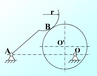 图（a)所示的凸轮机构中，圆弧底摆动推杆与凸轮在B点接触。当凸轮从图示位置逆时针转过90°时，试用作