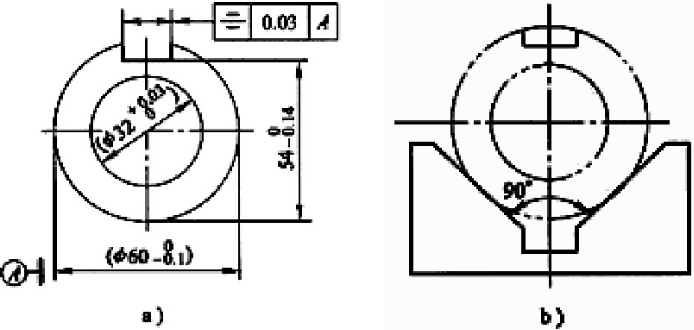 在下图所示的套筒零件上铣键槽，要求保证尺寸540.140mm。现有三种方案，分别如图b、c、d所示。