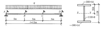 某焊接工字形截面简支梁如图11－43所示，跨度15m。在跨度三分点处有侧向支承，集中荷载设计值F＝1