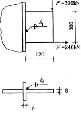 试计算图11－71角焊缝连接的焊脚尺寸hf。已知连接承受静力荷载设计值P＝300kN，钢材为Q235