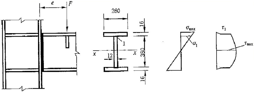计算工字形截面牛腿与钢柱连接的对接焊缝强度（图11－16)，F＝550kN，偏心距e＝300mm。钢