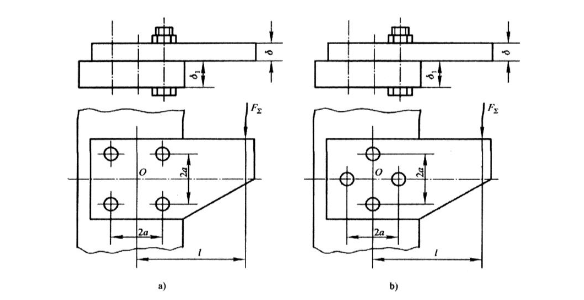 一厚度δ=12mm的钢板用4个螺栓固连在厚度δ1=30mm的铸铁支架上，螺栓的布置有（a)、（b)两