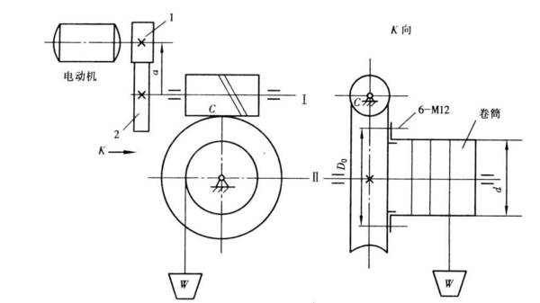 [例1] 有一提升装置，如附图1.1所示。已知：卷筒由6个均布于D0=240mm圆周上的M12螺栓（