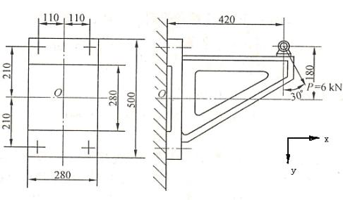 有一托架用4个普通螺栓固连于钢立柱上，如图5.6所示。已知托架材料为HT150，许用挤压应力[σ]p