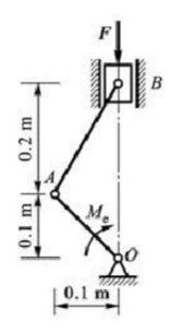 曲柄滑块机构在图所示位置时，F=400N，试求曲柄OA上应施加多大的力偶矩M才能使机构平衡？    
