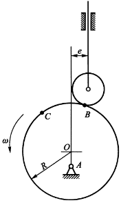 图所示的凸轮为偏心圆盘，圆心为0，半径R=30mm，偏心距LOA=10mm，γT=10mm，偏距e=