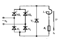 如图所示，有一单相半控桥整流电路，带电感性负载并有续流二极管，负载电阻RL=5Ω。电源电压U2=22