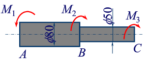 阶梯轴如图a所示，已知M1=5kN·m，M2=3.2kN·m，M3=1.8kN·m，材料的许用切应力