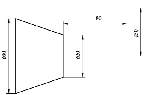 已知毛坯棒料尺寸为φ=30mm，加工如下图所示零件，试编写车削正锥加工程序。