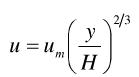 已知某水流流速分布函数为，式中H为水深，um为液面流速，若距壁面距离为y，试计算及0.50处的流速梯