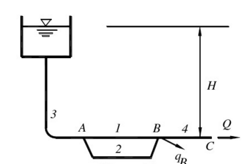 水塔供水管路上有并联管路1及2，如图所示铸铁输水管在C点的自由水头HC=5m，在B点有QB=5L／s