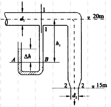水流通过如图所示的管路，已知U形测压管水银柱高差△h=0.2m，图中h1=0.72m，管径d1=0.