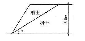 由两部分土组成的土坡断面如下图所示，假设滑裂面为直线进行稳定计算，已知坡高h=8m，边坡坡比为1:1