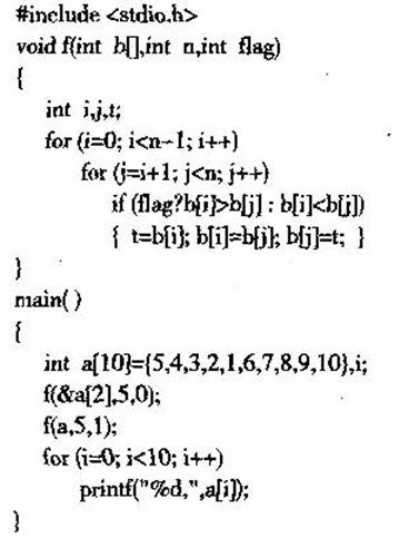 以下程序中函数f的功能是：当na9为1时，进行由小到大排序；当fla9为oN。进行由大到小排序。 程