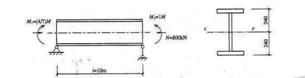 如图所示为一两端铰支焊接工字形截面压弯杆件，杆长l=10m。钢材Q235，f=215N／mm2，E=