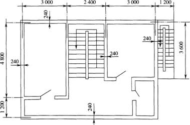 某6层建筑物的局部标准层平面图如图所示（墙厚240mm），已知室外楼梯顶的雨篷可遮盖一半的楼梯。试问