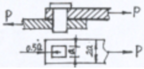 图示连接件，方形销将两块厚度相等的板连接在一起。设板中的最大拉伸应力、挤压应力、剪切应力分别为σma