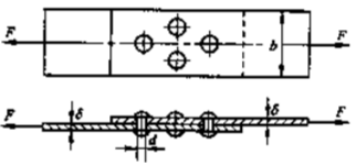 图示接头，承受轴向荷载F作用，试校核接头的强度。已知：荷载F=80kN，板宽b=80mm，板厚δ=1