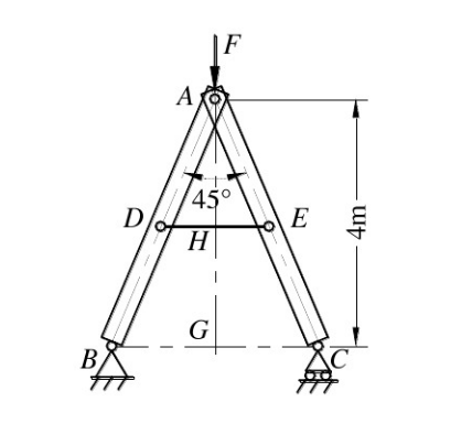图示支架中，已知杆件DE长为2m，横截面为圆形，直径为15mm，E=210GPa。若ADB和AEC两