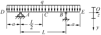 如图所示的外伸梁由25a号工字钢制成，其跨长l=6m，且在全梁上受集度为q的均布荷载作用。当支座处截
