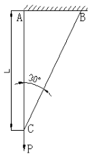 如图所示由两杆铰结而成的三角架，杆的横截面面积为A，弹性模量为E，当在结点B处受到铅垂荷载F作用时，