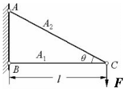 简单桁架的三根杆均为钢制的，弹性模量E=200GPa，横截面面积均为A=300mm2。若力F=15k