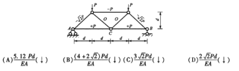 图示桁架中，各杆的EA值相同，结点C的竖向位移为______。    A．（↓)  B．（↓)  C