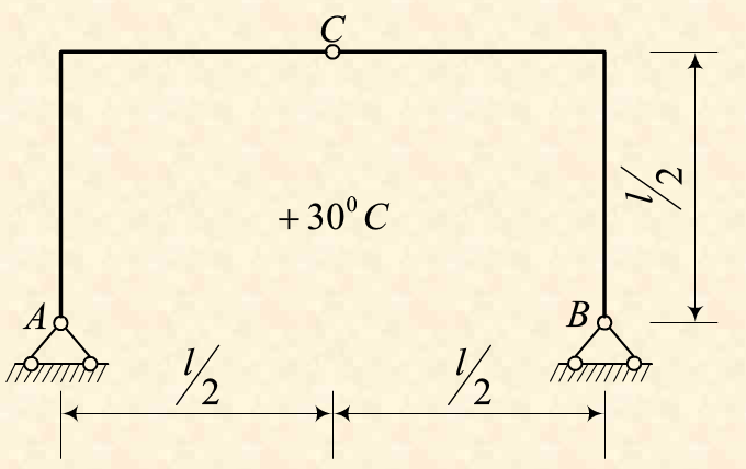 图示三铰刚架若内部温度升高30℃，试求C点的竖向位移△Cy。各杆截面均为矩形，且高度h相同。线膨胀系