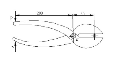 用夹剪剪断直径为3mm的铅丝。若铅丝的剪切极限应力τu=100MPa，剪子销钉B的直径为8mm，则剪