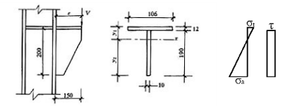 图所示为T形牛腿与柱翼缘的角焊缝连接。T形牛腿翼缘板宽度b1=120mm，厚度t1=12mm，腹板高