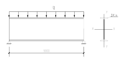 如图所示简支钢梁，梁截面为热轧普通工字钢I45a，材料为Q235（f=215N／mm2，fv=125