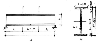 工字形焊接组合截面简支梁，长l=6m，截面尺寸如图，不考虑梁的自重，在跨长三分点处作用集中荷载F，钢