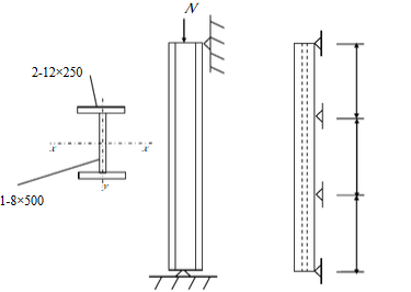 试验算图所示焊接工字形截面轴心受压构件的稳定性。钢材为Q235钢，翼缘为火焰切割边，沿两个主轴平面的
