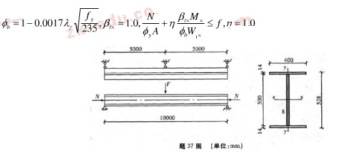 某双轴对称焊接工字形截面压弯构件，其受力状态、支承布置和截面尺寸如图所示。承受的荷载设计值轴力N=8