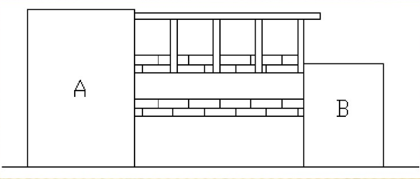 如下图所示，A、B两楼中间为三层联系走廊，走廊的水平投影面积为l20m2，层高为3m，计算走廊的建筑