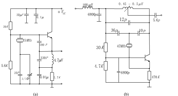 图题4.10所示的是一种实用晶体振荡电路，试画出它的高频等效电路，指出它是哪种振荡器并估算振荡频率。