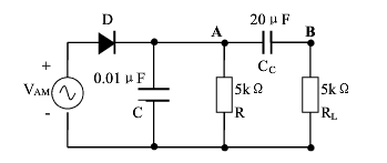 二极管检波电路如图题6.5所示，其中，输入信号电压为uAM（t)=1.2cos（2π×465×103