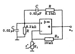 RC振荡电路如图题4.22所示。已知：C=0.02uF，R=8.2kΩ，R2=10kΩ。（1)说明R