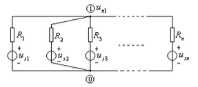 习题6－17图所示电路只有一个独立节点，试用节点法证明其节点电压为，此式为弥尔曼定理。习题6-17图