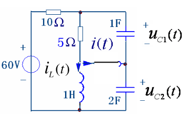 习题8－9图所示的电路，换路前已处于稳态。t=0时开关闭合，uC（0－)=10V。求t≥0时的i（t