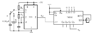 已知555定时器和4位二进制计数器74LS161组成如图A3－4所示电路，已知R1=10kΩ，R2=