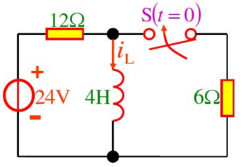 习题8－16图所示电路中，直流电压源的电压为24V，且电路已达稳态，t=0时合上开关，求：（1)电感