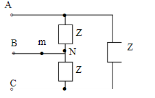 图所示三角形连接的对称三相电路中，电源线电压Ul=380V。若图中m点处发生断路，求电压的有效值UA