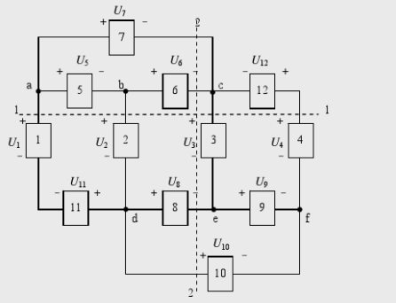 电路如图所示，电压与电流采用关联参考方向，已知u1=10V，u2=5V，u4=－3V，u6=2V，u