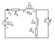 电路如习题12－23图所示，开关S原是闭合的，电路处于稳态。若S在t=0时打开，已知us=2V，L1